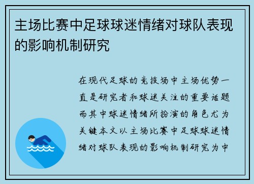 主场比赛中足球球迷情绪对球队表现的影响机制研究