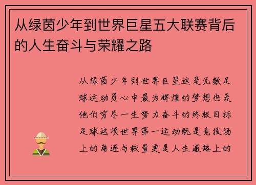 从绿茵少年到世界巨星五大联赛背后的人生奋斗与荣耀之路 从绿茵少年到世界巨星五大联赛背后的人生奋斗与荣耀之路